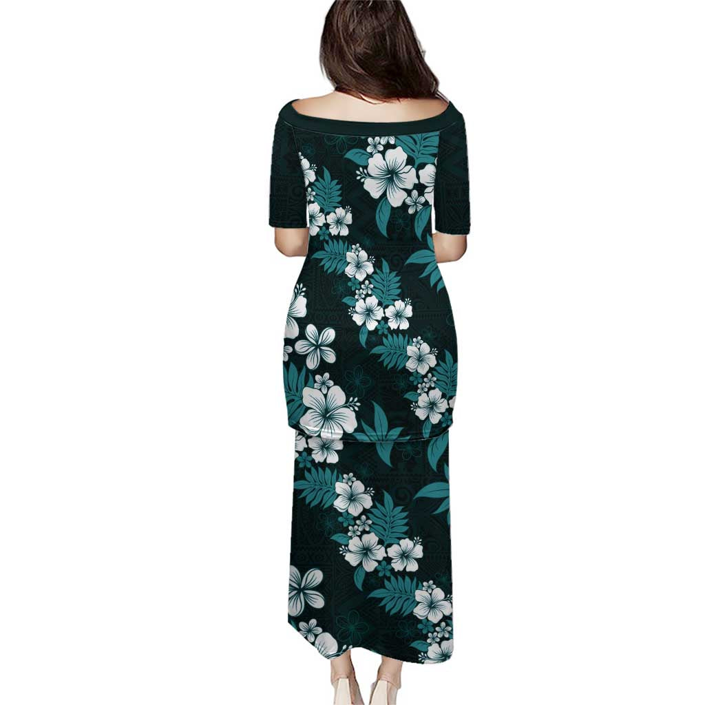 Hawaiian Hibiscus Tribal Floral Teal Puletasi Polynesian Tapa Pattern - Polynesian Pride