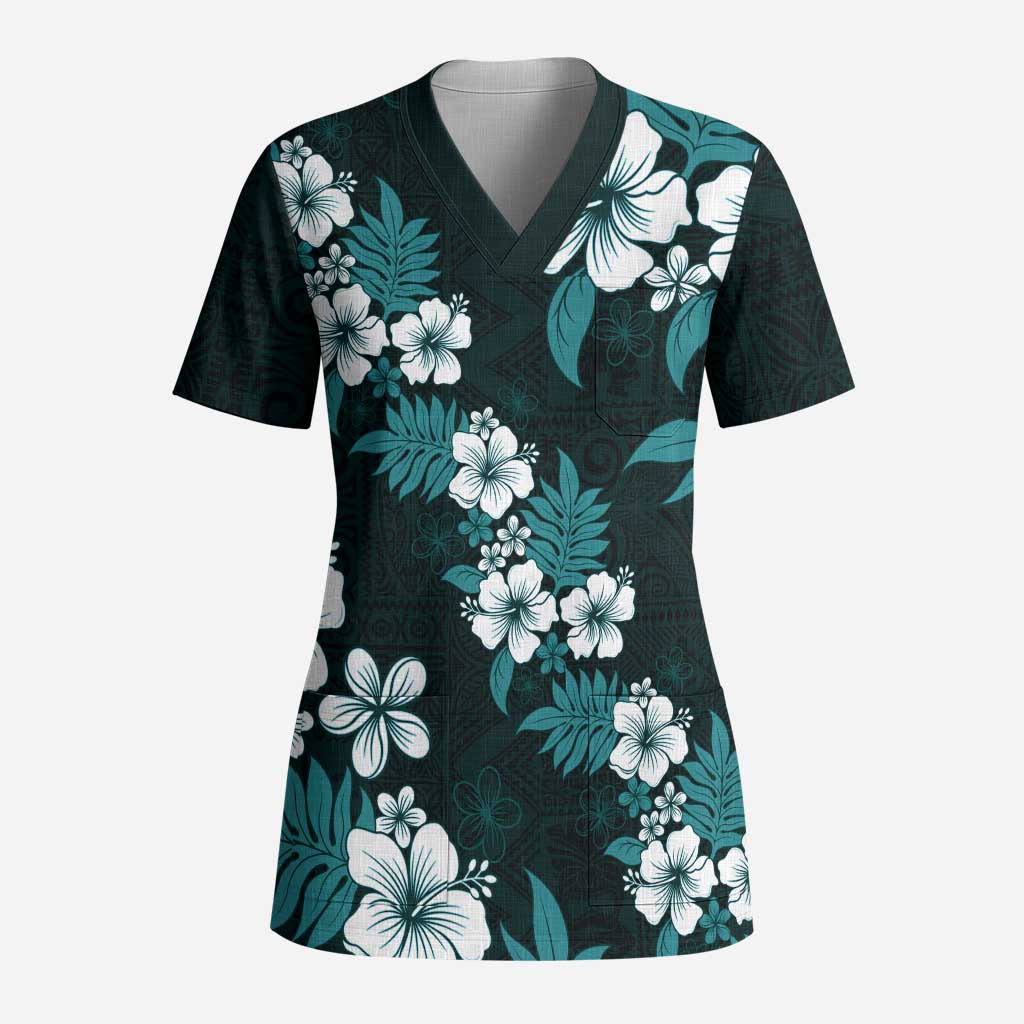 Hawaiian Hibiscus Tribal Floral Teal Scrub Top Polynesian Tapa Pattern - Polynesian Pride