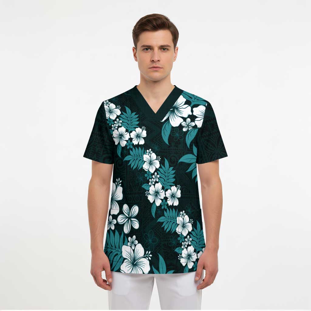 Hawaiian Hibiscus Tribal Floral Teal Scrub Top Polynesian Tapa Pattern - Polynesian Pride