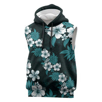 Hawaiian Hibiscus Tribal Floral Teal Sleeveless Hoodie Polynesian Tapa Pattern - Polynesian Pride