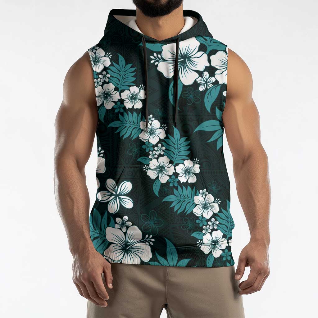 Hawaiian Hibiscus Tribal Floral Teal Sleeveless Hoodie Polynesian Tapa Pattern - Polynesian Pride