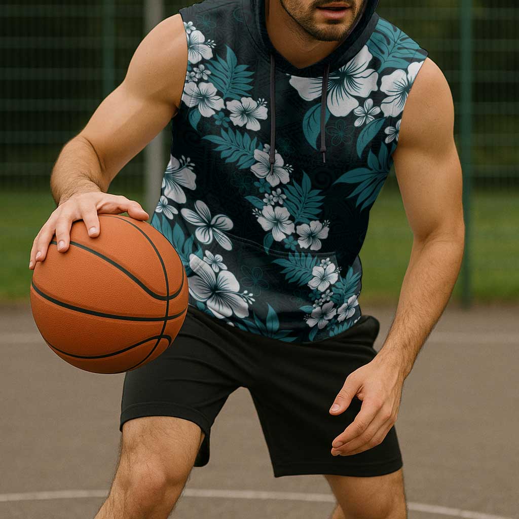 Hawaiian Hibiscus Tribal Floral Teal Sleeveless Hoodie Polynesian Tapa Pattern - Polynesian Pride