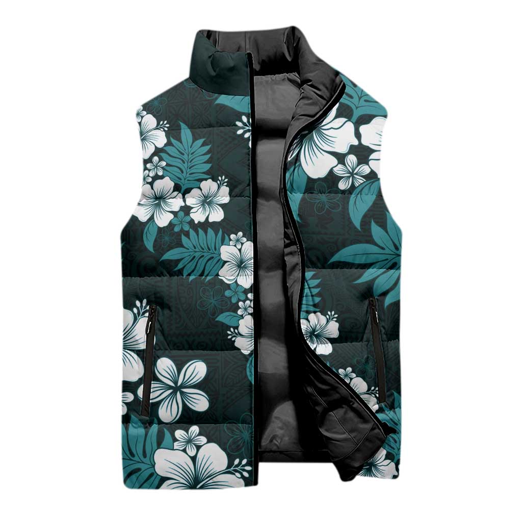 Hawaiian Hibiscus Tribal Floral Teal Sleeveless Puffer Jacket Polynesian Tapa Pattern - Polynesian Pride
