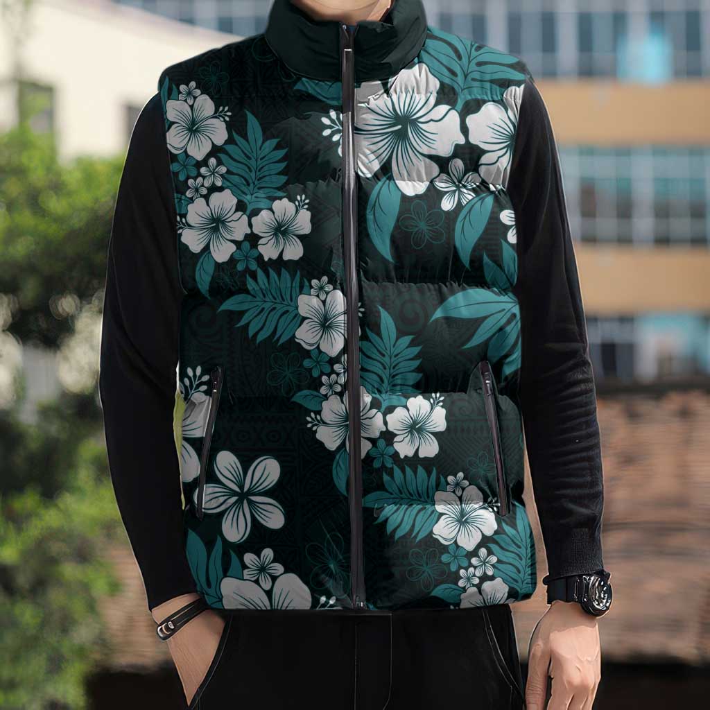 Hawaiian Hibiscus Tribal Floral Teal Sleeveless Puffer Jacket Polynesian Tapa Pattern - Polynesian Pride