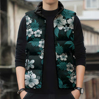 Hawaiian Hibiscus Tribal Floral Teal Sleeveless Puffer Jacket Polynesian Tapa Pattern - Polynesian Pride