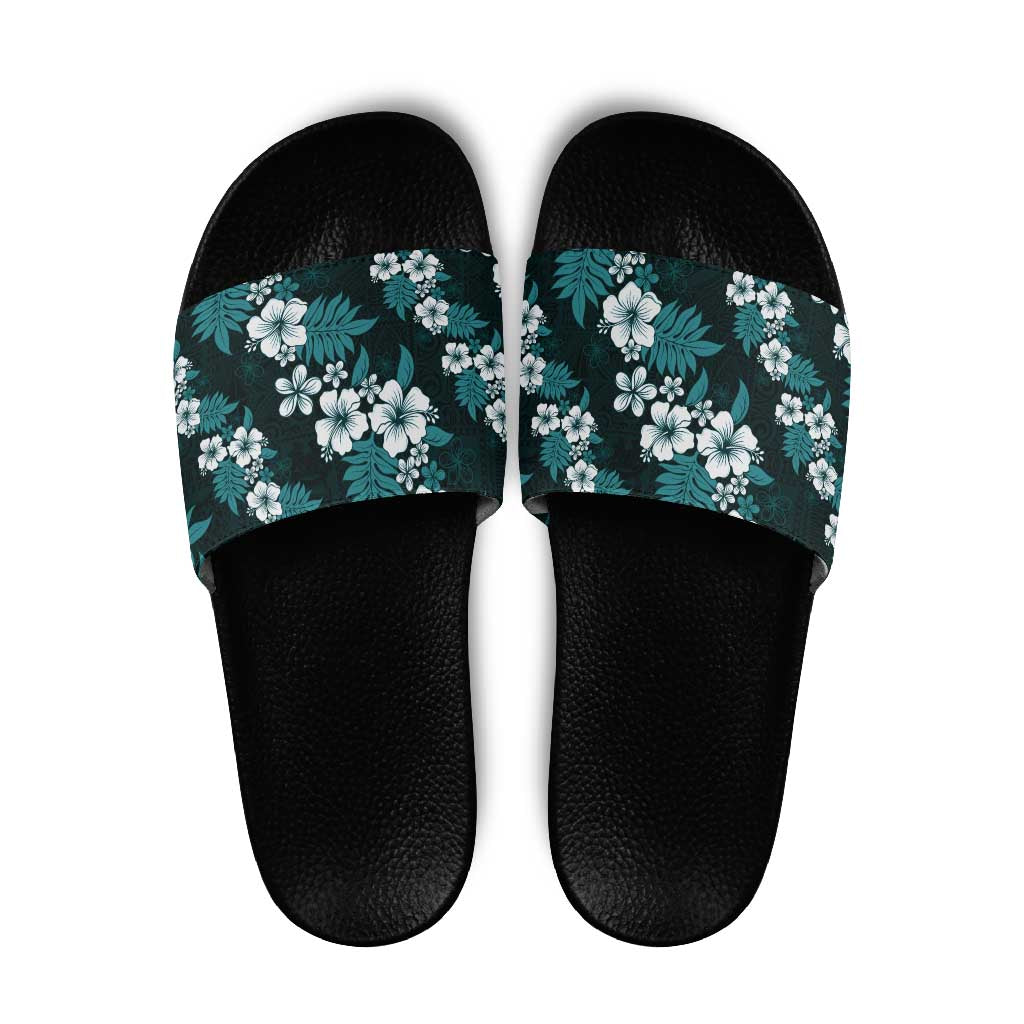 Hawaiian Hibiscus Tribal Floral Teal Slide Sandals Polynesian Tapa Pattern LT01 Teal - Polynesian Pride