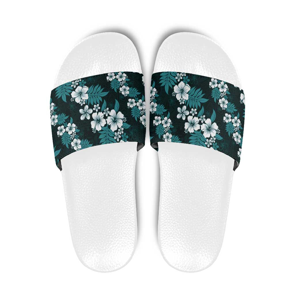 Hawaiian Hibiscus Tribal Floral Teal Slide Sandals Polynesian Tapa Pattern LT01 Teal - Polynesian Pride