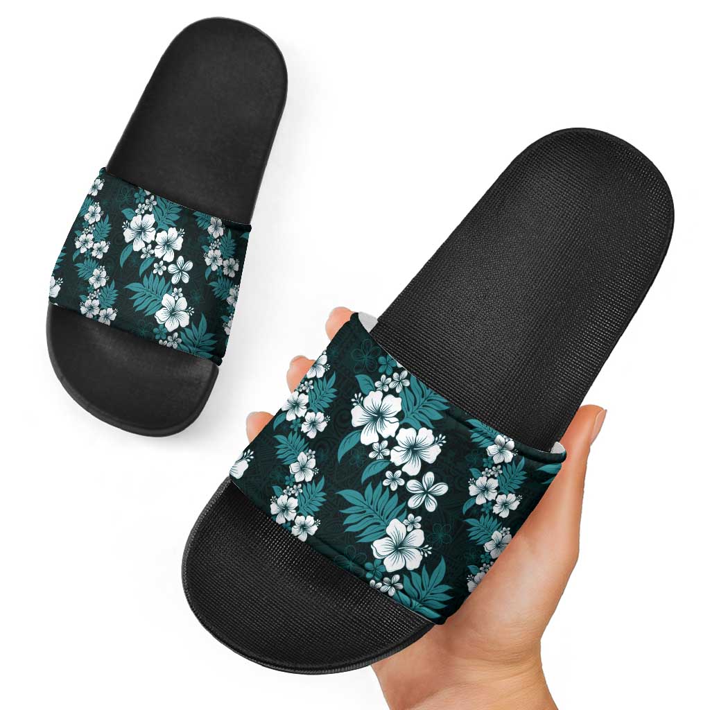 Hawaiian Hibiscus Tribal Floral Teal Slide Sandals Polynesian Tapa Pattern LT01 - Polynesian Pride