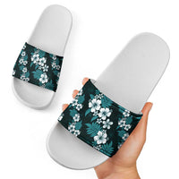 Hawaiian Hibiscus Tribal Floral Teal Slide Sandals Polynesian Tapa Pattern LT01 - Polynesian Pride