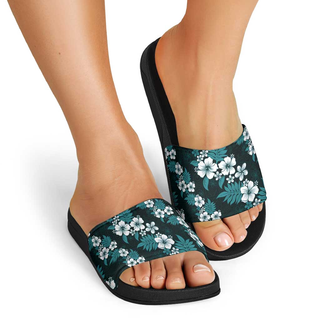 Hawaiian Hibiscus Tribal Floral Teal Slide Sandals Polynesian Tapa Pattern LT01 - Polynesian Pride