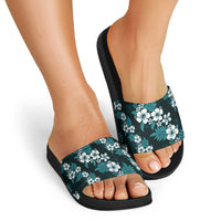 Hawaiian Hibiscus Tribal Floral Teal Slide Sandals Polynesian Tapa Pattern LT01 - Polynesian Pride