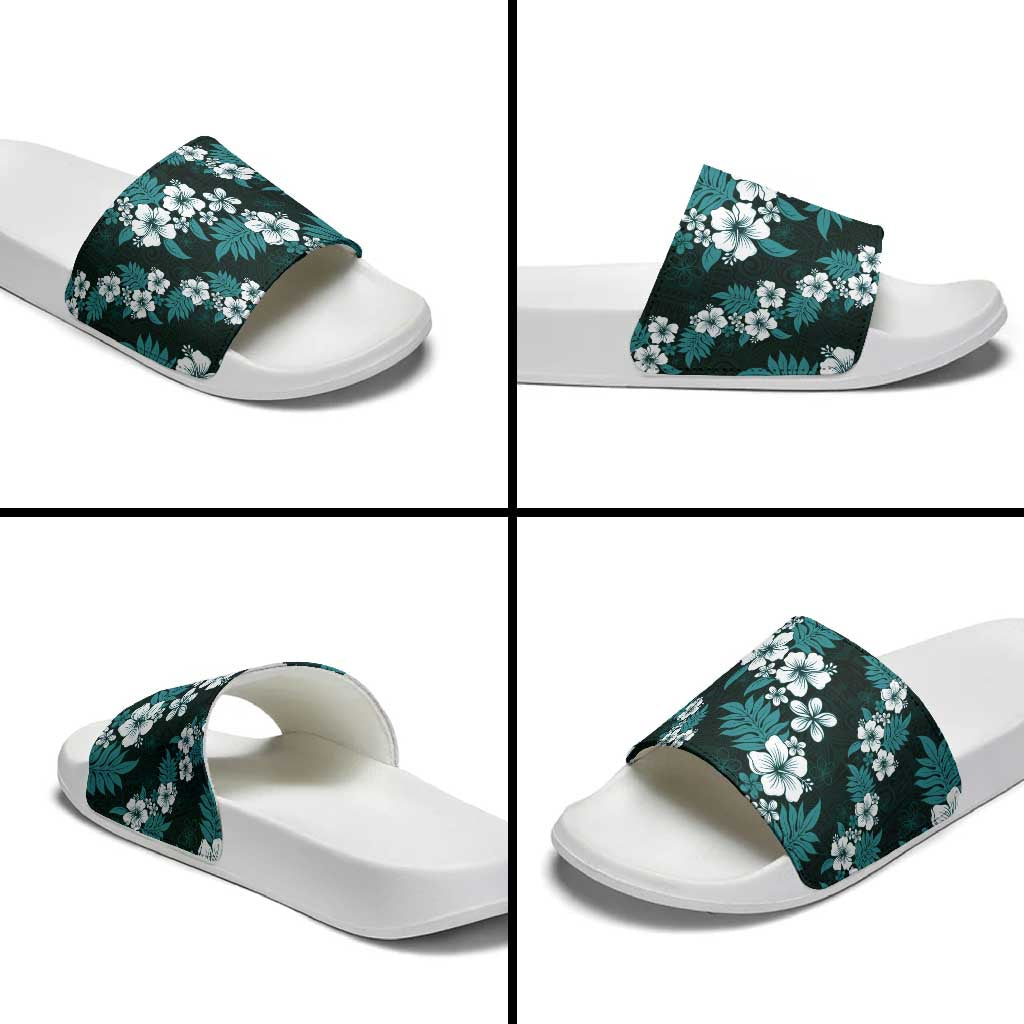 Hawaiian Hibiscus Tribal Floral Teal Slide Sandals Polynesian Tapa Pattern LT01 - Polynesian Pride