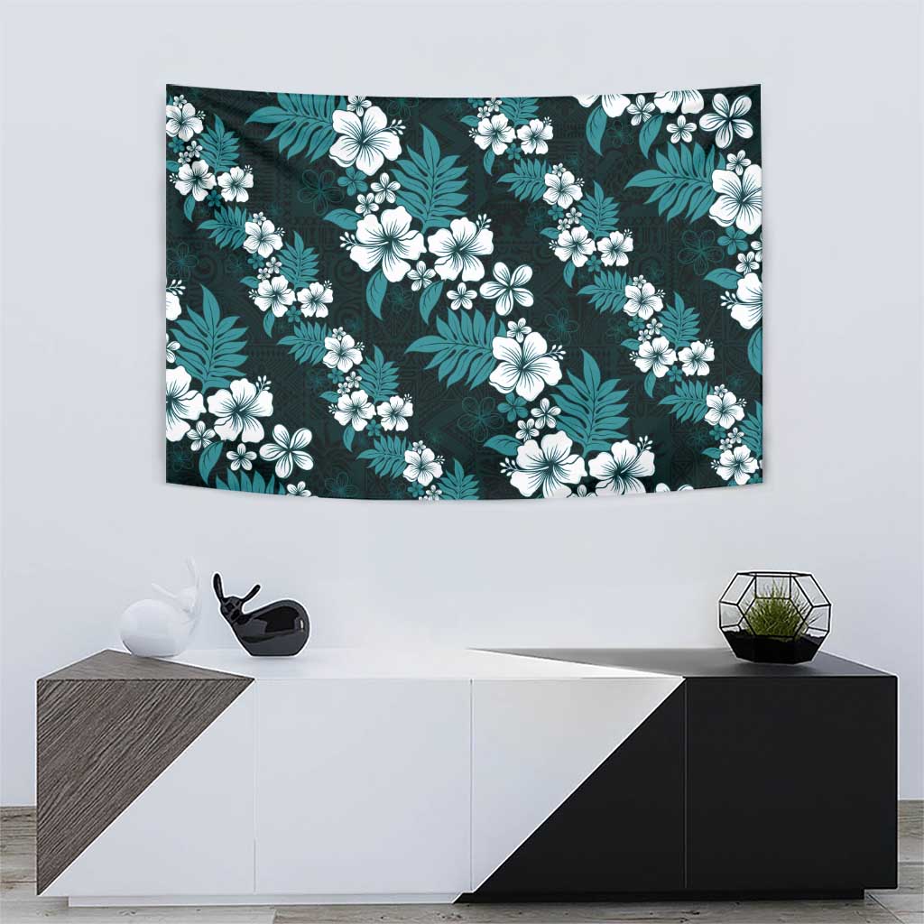 Hawaiian Hibiscus Tribal Floral Teal Tapestry Polynesian Tapa Pattern - Polynesian Pride