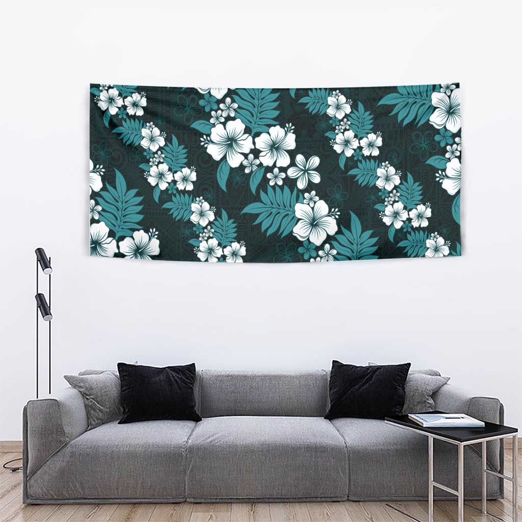 Hawaiian Hibiscus Tribal Floral Teal Tapestry Polynesian Tapa Pattern - Polynesian Pride