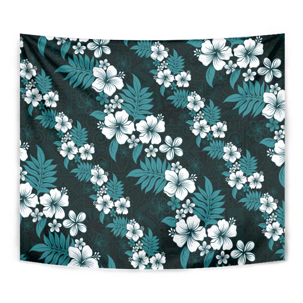 Hawaiian Hibiscus Tribal Floral Teal Tapestry Polynesian Tapa Pattern - Polynesian Pride
