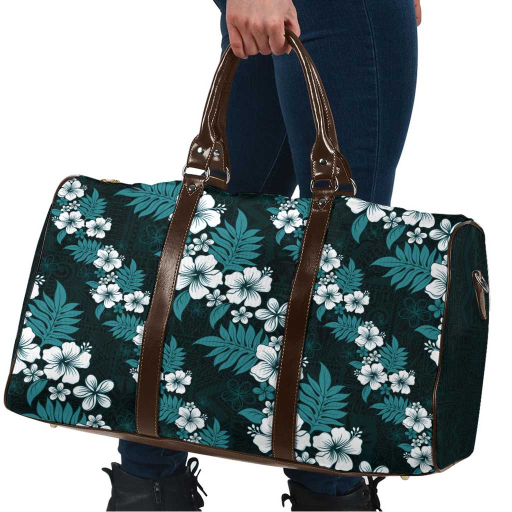 Hawaiian Hibiscus Tribal Floral Teal Travel Bag Polynesian Tapa Pattern - Polynesian Pride