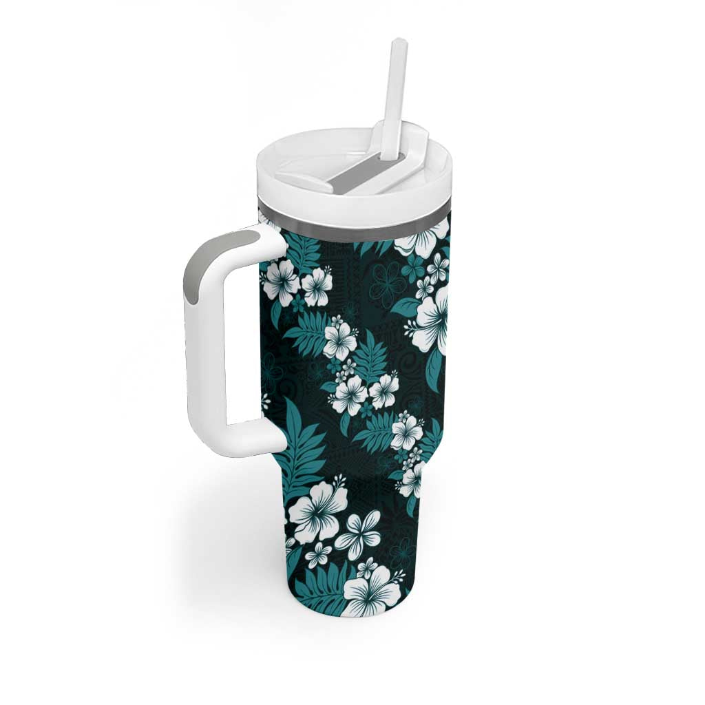 Hawaiian Hibiscus Tribal Floral Teal Tumbler With Handle Polynesian Tapa Pattern - Polynesian Pride