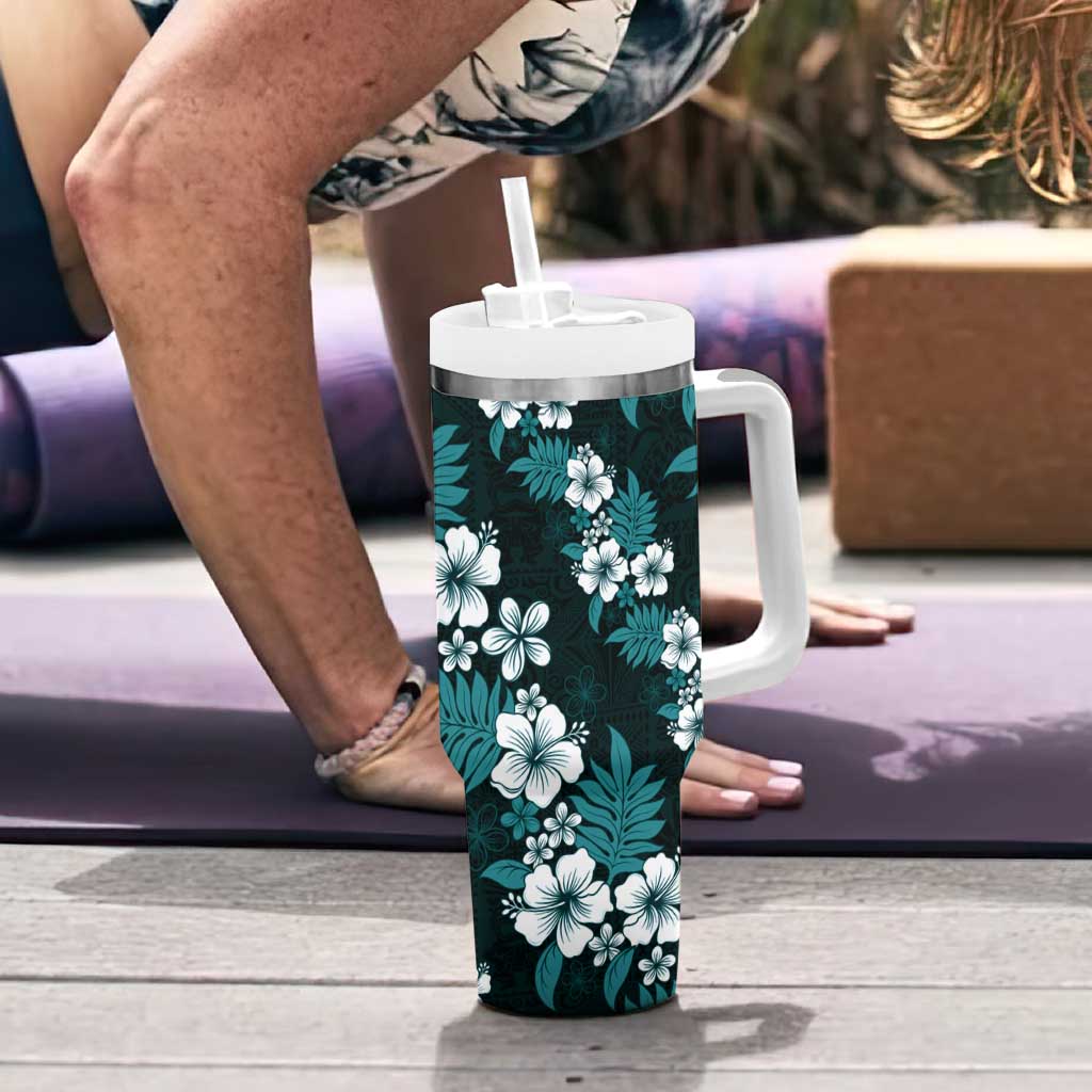Hawaiian Hibiscus Tribal Floral Teal Tumbler With Handle Polynesian Tapa Pattern - Polynesian Pride
