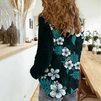 Hawaiian Hibiscus Tribal Floral Teal Women Casual Shirt Polynesian Tapa Pattern - Polynesian Pride