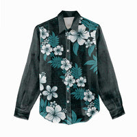 Hawaiian Hibiscus Tribal Floral Teal Women Casual Shirt Polynesian Tapa Pattern - Polynesian Pride