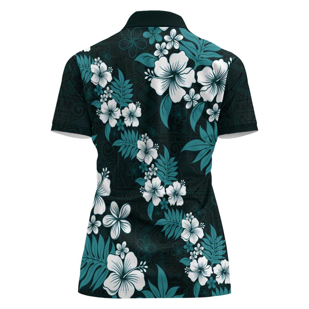 Hawaiian Hibiscus Tribal Floral Teal Women Polo Shirt Polynesian Tapa Pattern - Polynesian Pride