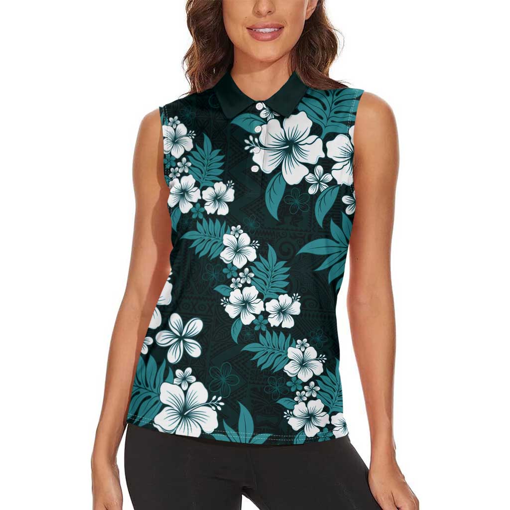 Hawaiian Hibiscus Tribal Floral Teal Women Sleeveless Polo Shirt Polynesian Tapa Pattern LT01 - Polynesian Pride