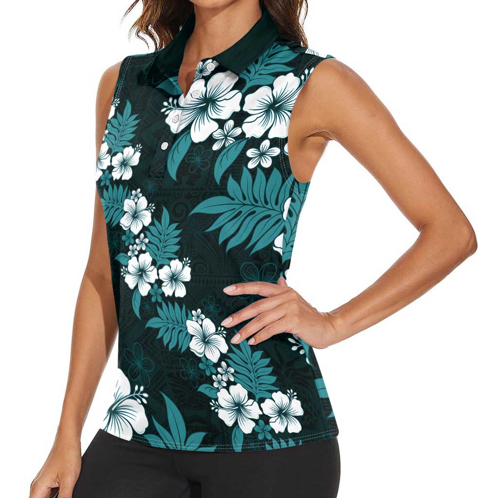 Hawaiian Hibiscus Tribal Floral Teal Women Sleeveless Polo Shirt Polynesian Tapa Pattern LT01 - Polynesian Pride