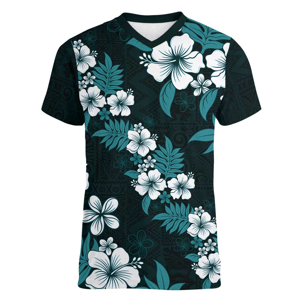 Hawaiian Hibiscus Tribal Floral Teal Women V-Neck T-Shirt Polynesian Tapa Pattern LT01 Female Teal - Polynesian Pride