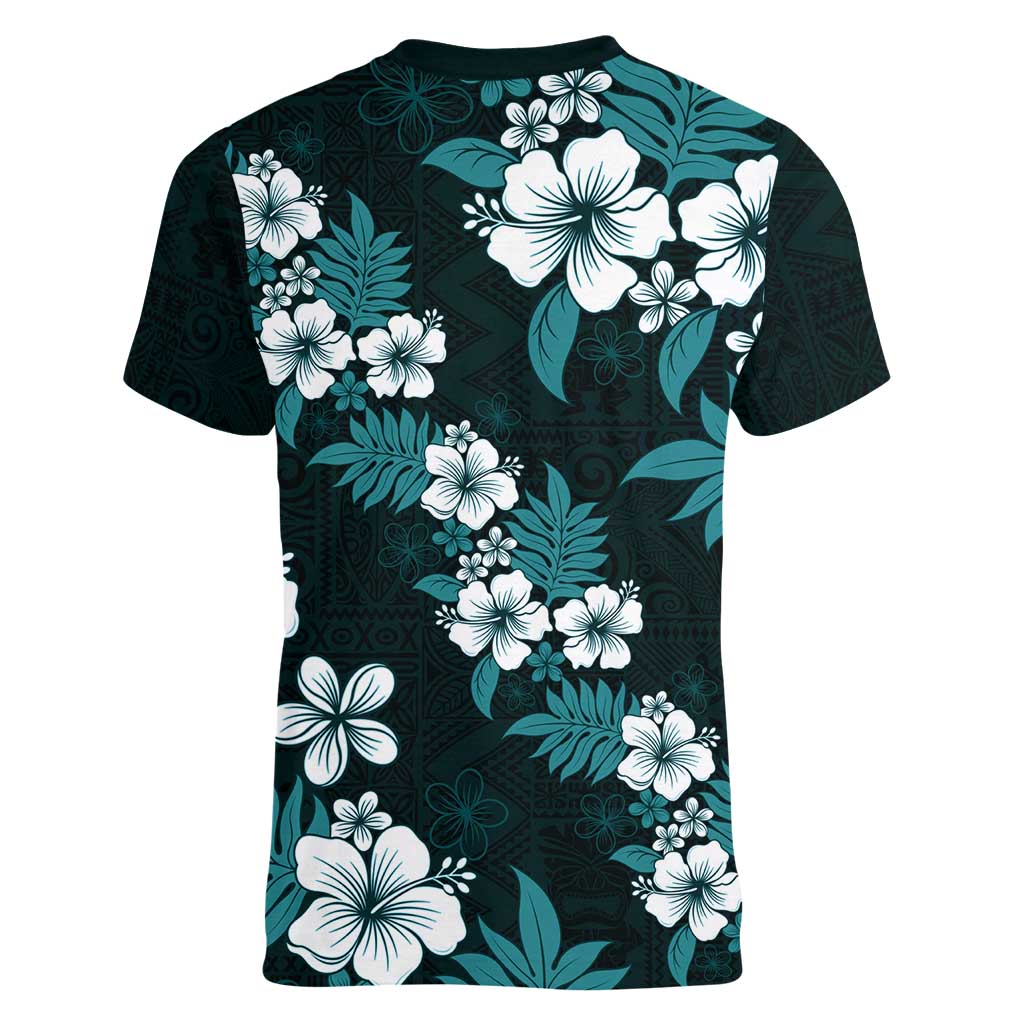 Hawaiian Hibiscus Tribal Floral Teal Women V-Neck T-Shirt Polynesian Tapa Pattern LT01 - Polynesian Pride