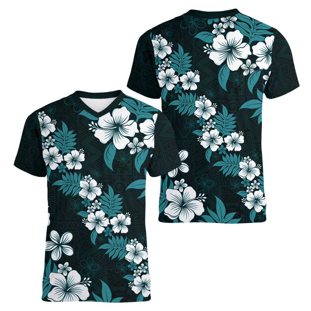 Hawaiian Hibiscus Tribal Floral Teal Women V-Neck T-Shirt Polynesian Tapa Pattern LT01 - Polynesian Pride