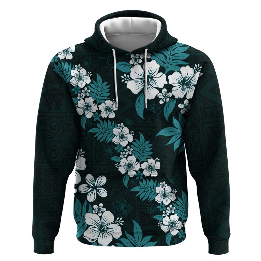 Hawaiian Hibiscus Tribal Floral Teal Zip Hoodie Polynesian Tapa Pattern - Polynesian Pride