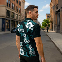 Hawaiian Hibiscus Tribal Floral Teal Zipper Polo Shirt Polynesian Tapa Pattern - Polynesian Pride