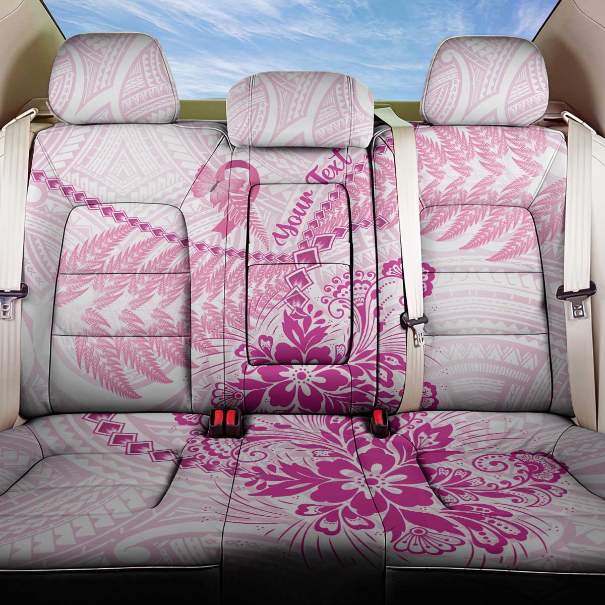 Personalised New Zealand Pink Fern Breast Cancer Back Car Seat Cover Polynesian Pattern