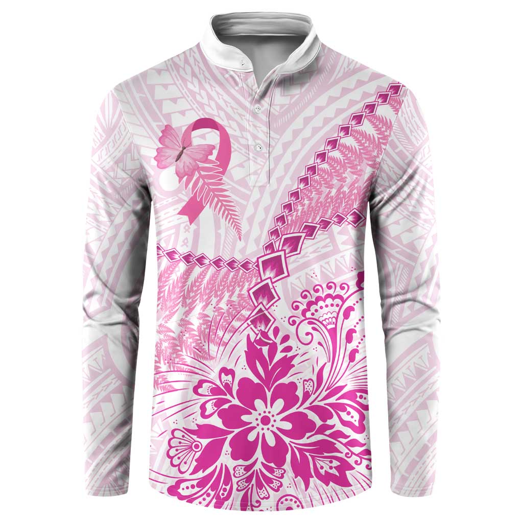 Personalised New Zealand Pink Fern Breast Cancer Button Sweatshirt Polynesian Pattern