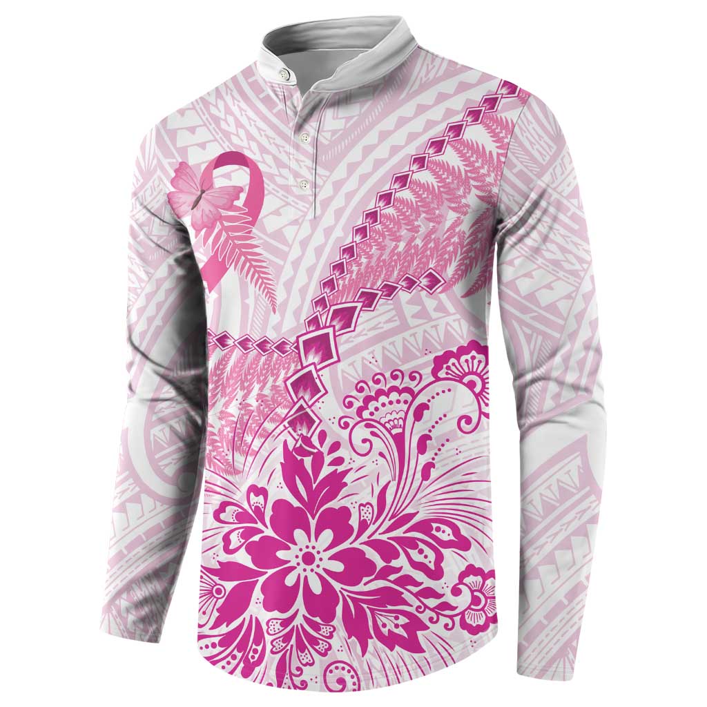 Personalised New Zealand Pink Fern Breast Cancer Button Sweatshirt Polynesian Pattern