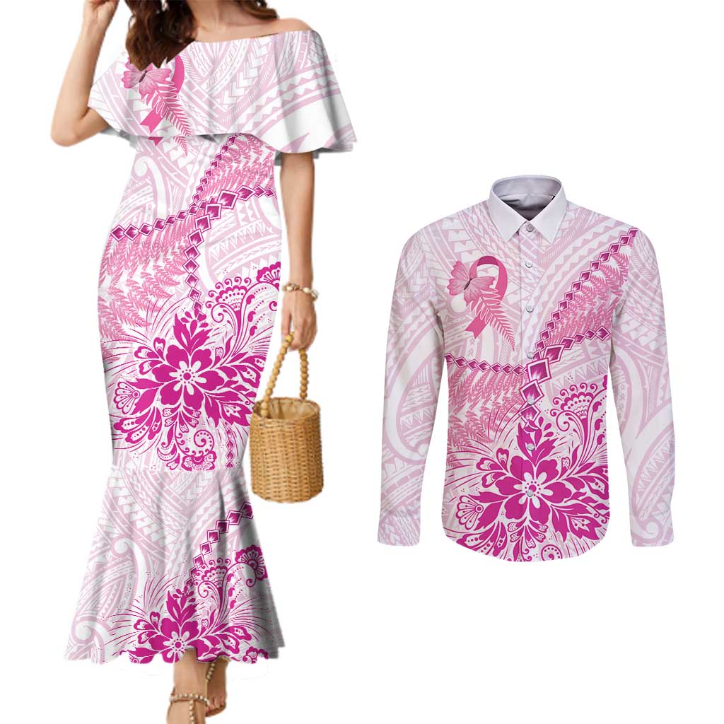 Personalised New Zealand Pink Fern Breast Cancer Couples Matching Mermaid Dress and Long Sleeve Button Shirt Polynesian Pattern