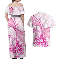 Personalised New Zealand Pink Fern Breast Cancer Couples Matching Off Shoulder Maxi Dress and Hawaiian Shirt Polynesian Pattern