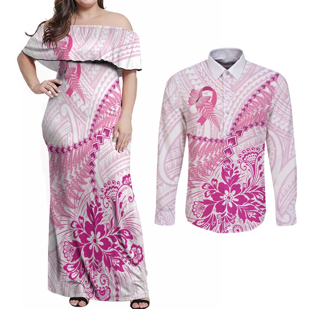 Personalised New Zealand Pink Fern Breast Cancer Couples Matching Off Shoulder Maxi Dress and Long Sleeve Button Shirt Polynesian Pattern LT01 Pink - Polynesian Pride