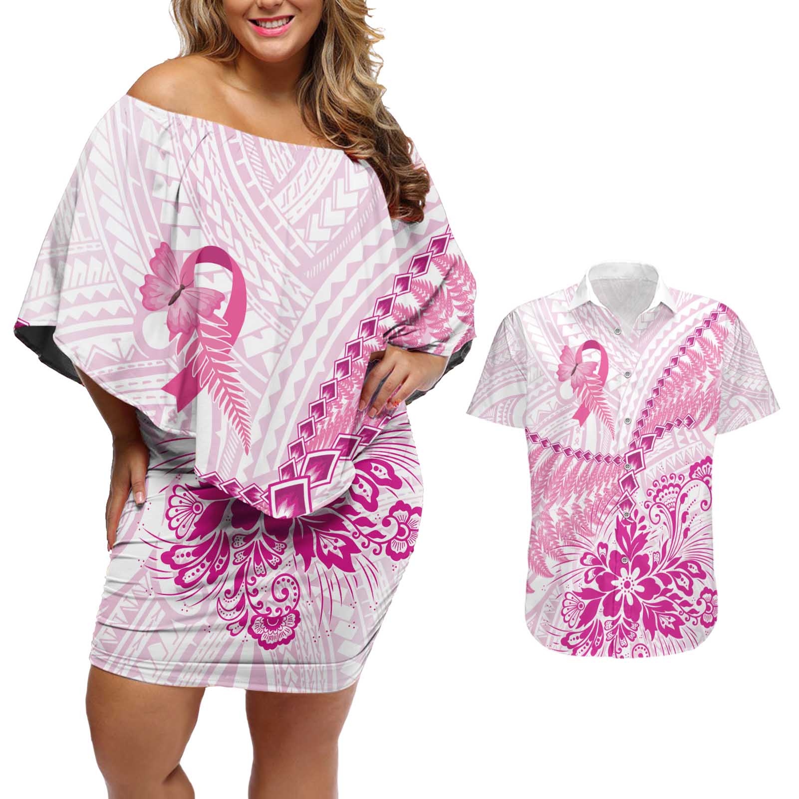 Personalised New Zealand Pink Fern Breast Cancer Couples Matching Off Shoulder Short Dress and Hawaiian Shirt Polynesian Pattern