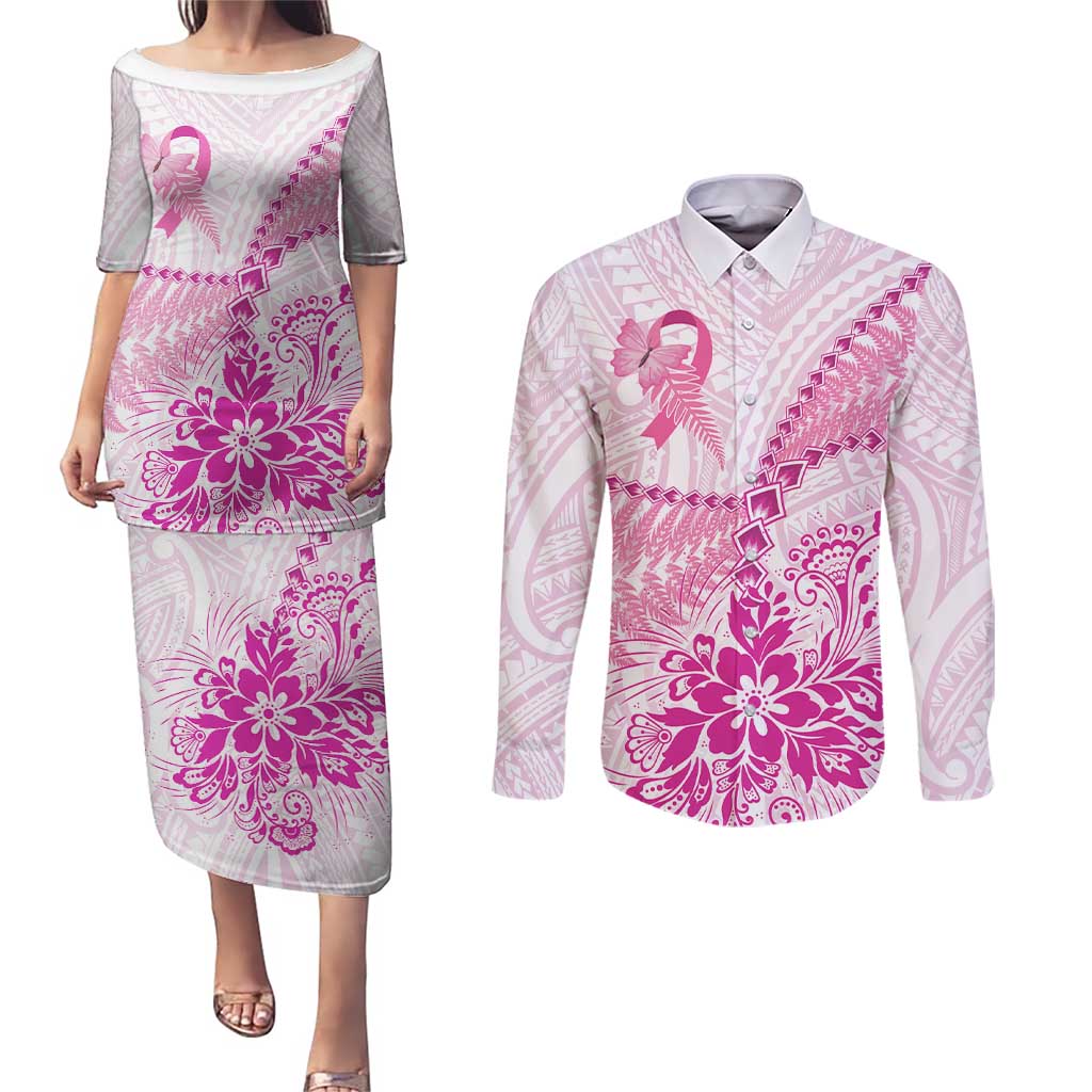 Personalised New Zealand Pink Fern Breast Cancer Couples Matching Puletasi and Long Sleeve Button Shirt Polynesian Pattern