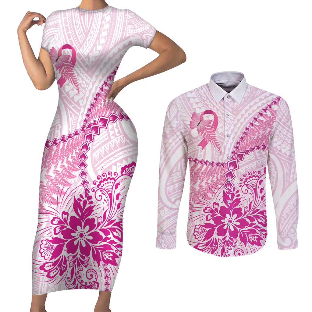 Personalised New Zealand Pink Fern Breast Cancer Couples Matching Short Sleeve Bodycon Dress and Long Sleeve Button Shirt Polynesian Pattern