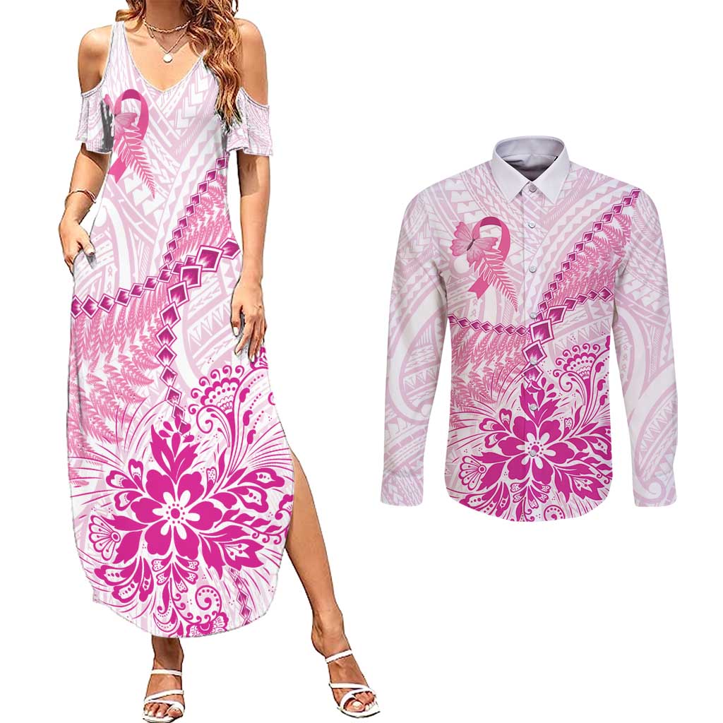 Personalised New Zealand Pink Fern Breast Cancer Couples Matching Summer Maxi Dress and Long Sleeve Button Shirt Polynesian Pattern LT01 Pink - Polynesian Pride