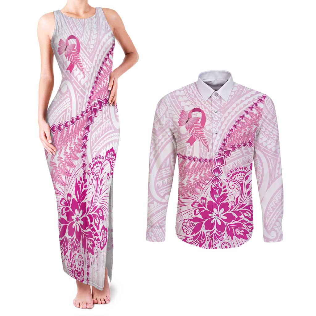 Personalised New Zealand Pink Fern Breast Cancer Couples Matching Tank Maxi Dress and Long Sleeve Button Shirt Polynesian Pattern