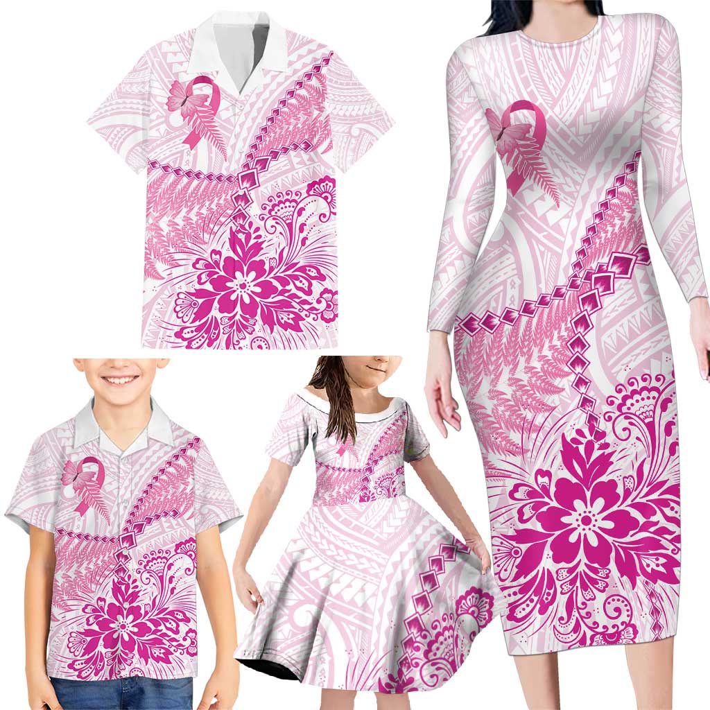 Personalised New Zealand Pink Fern Breast Cancer Family Matching Long Sleeve Bodycon Dress and Hawaiian Shirt Polynesian Pattern