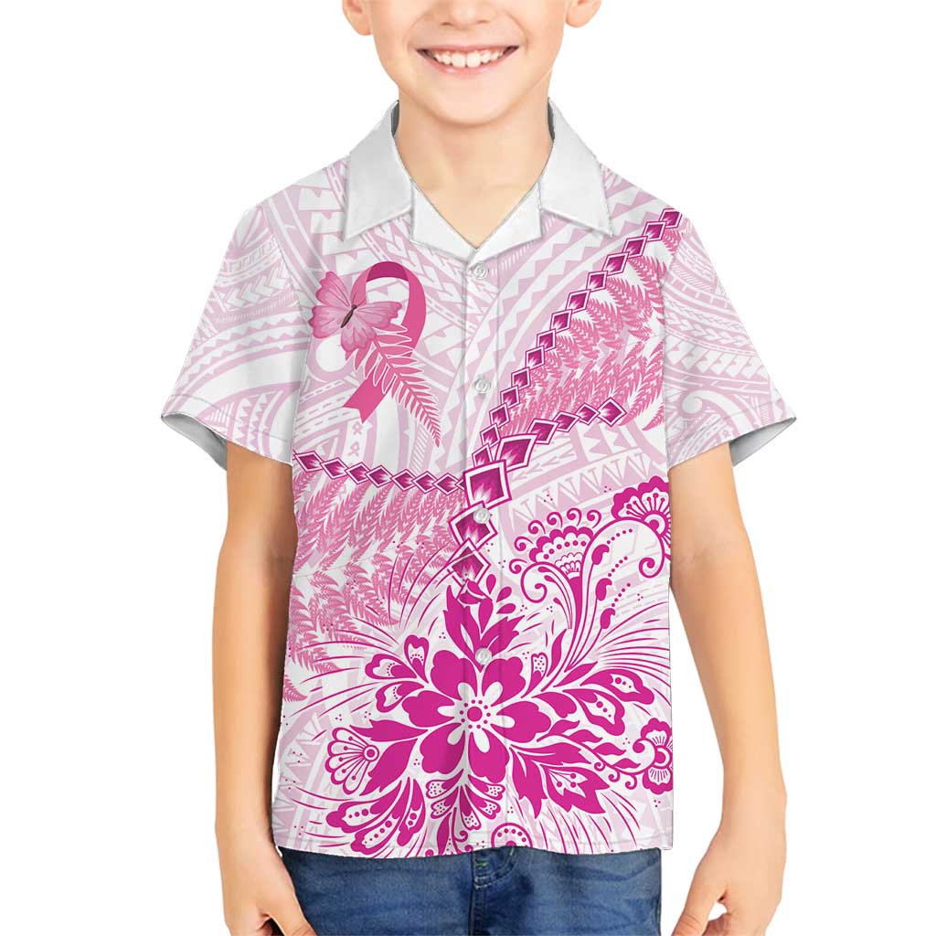 Personalised New Zealand Pink Fern Breast Cancer Family Matching Off Shoulder Maxi Dress and Hawaiian Shirt Polynesian Pattern LT01 Son's Shirt Pink - Polynesian Pride
