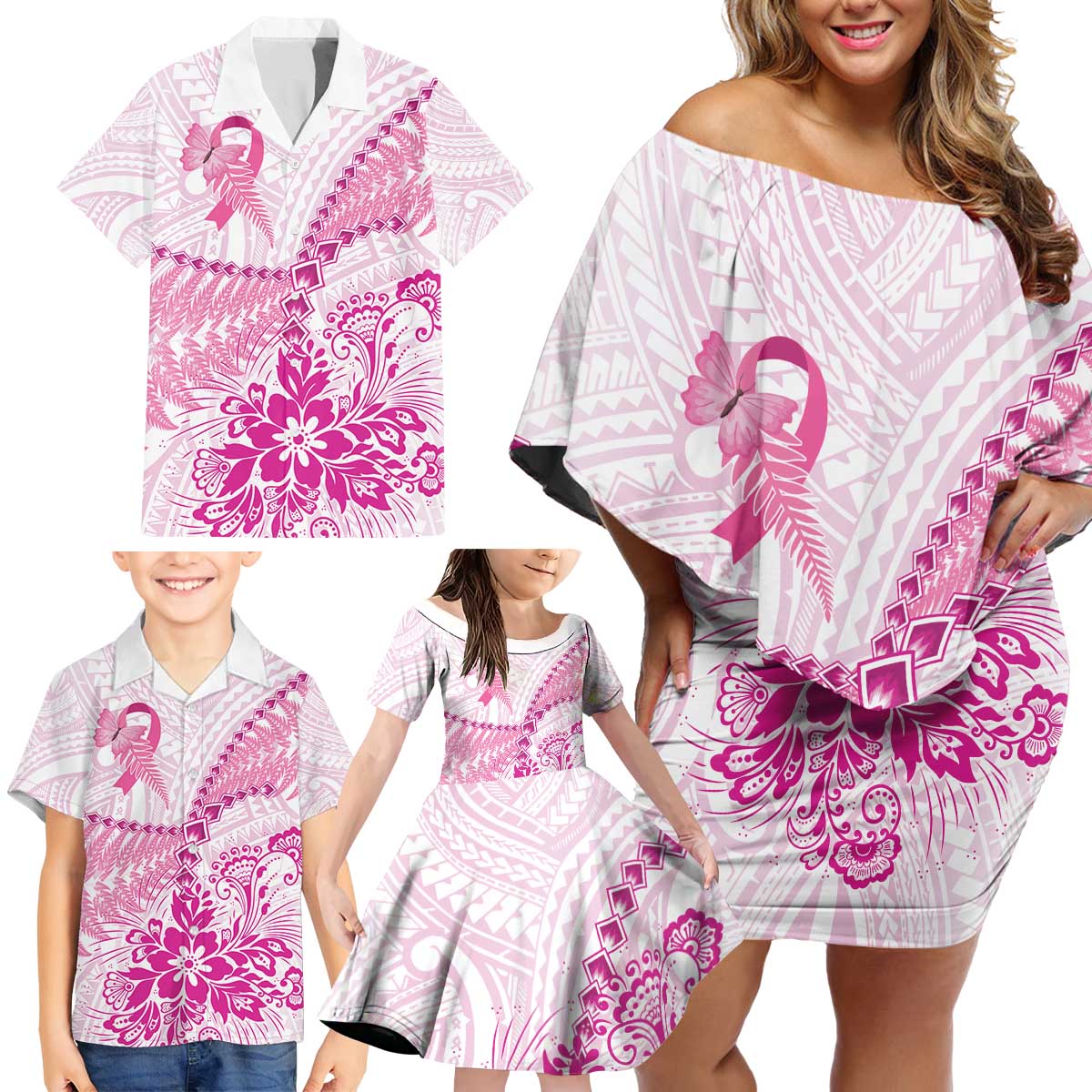 Personalised New Zealand Pink Fern Breast Cancer Family Matching Off Shoulder Short Dress and Hawaiian Shirt Polynesian Pattern