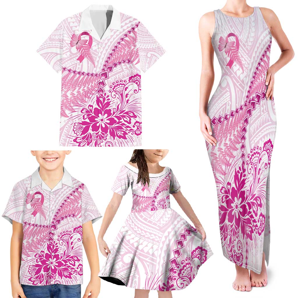 Personalised New Zealand Pink Fern Breast Cancer Family Matching Tank Maxi Dress and Hawaiian Shirt Polynesian Pattern