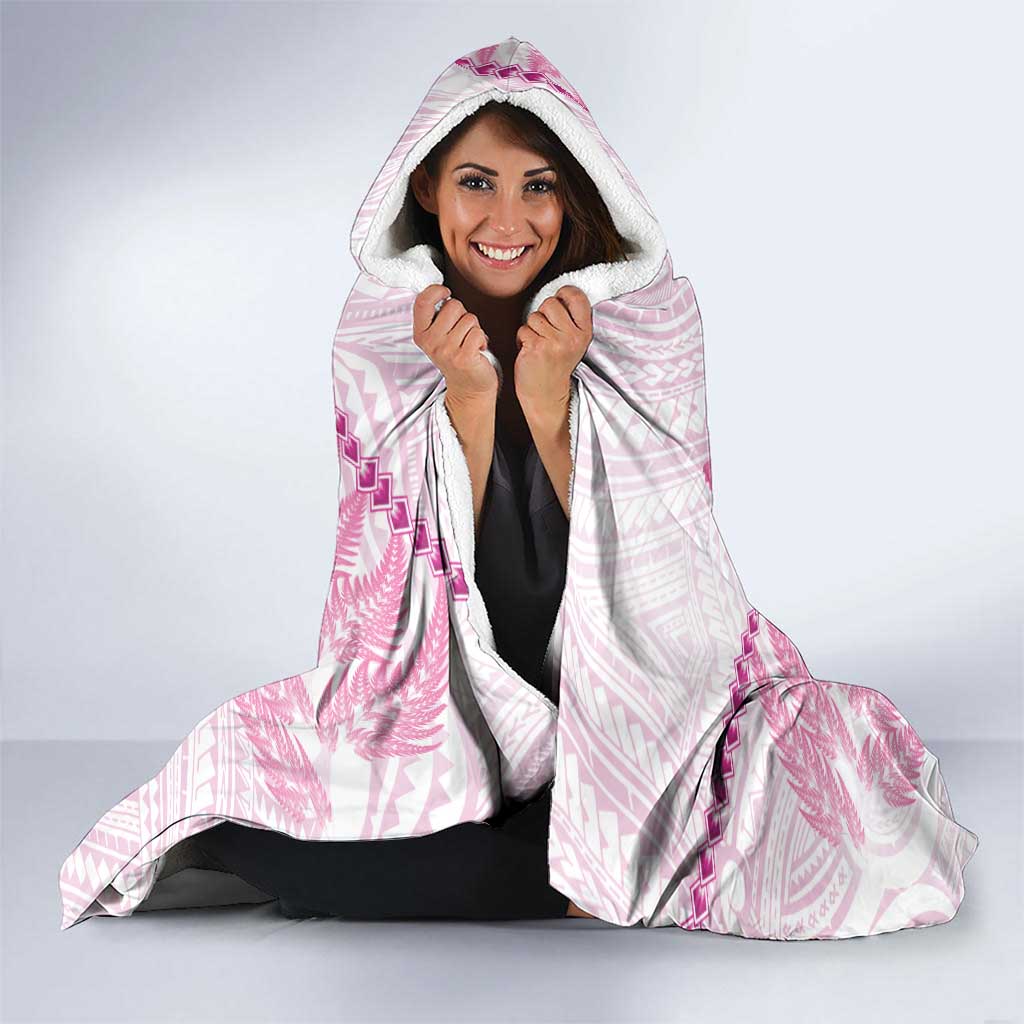 Personalised New Zealand Pink Fern Breast Cancer Hooded Blanket Polynesian Pattern