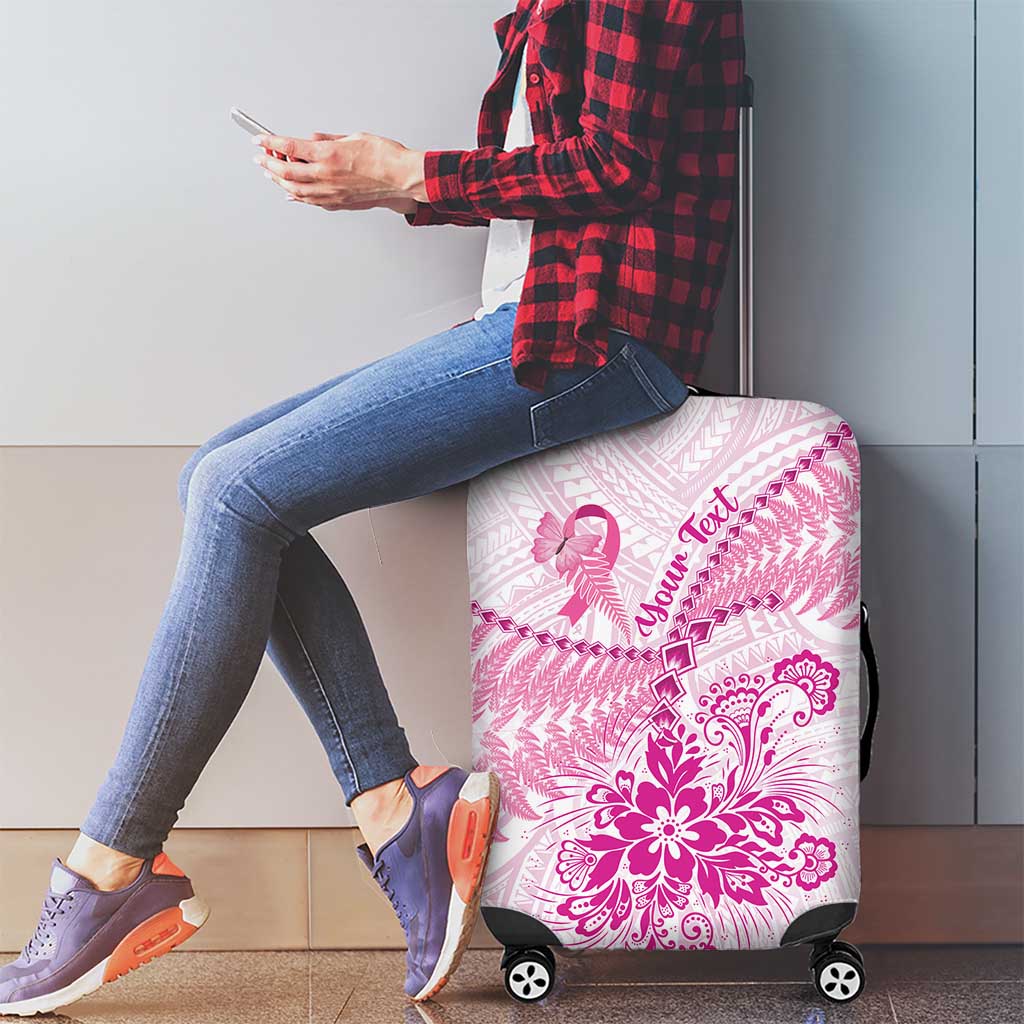 Personalised New Zealand Pink Fern Breast Cancer Luggage Cover Polynesian Pattern