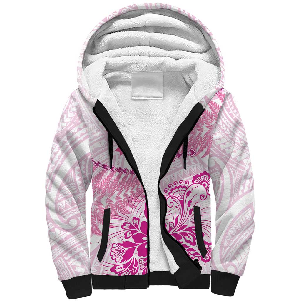 Personalised New Zealand Pink Fern Breast Cancer Sherpa Hoodie Polynesian Pattern